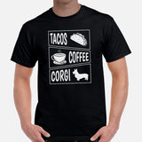 Welsh Corgi Dog Themed Clothes & Attire - Gifts for Dog Lovers - Funny Canine Tee Shirts For Humans - Tacos, Coffee And Corgis T-Shirt - Black, Men