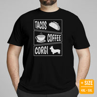 Welsh Corgi Dog Themed Clothes & Attire - Gifts for Dog Lovers - Funny Canine Tee Shirts For Humans - Tacos, Coffee And Corgis T-Shirt - Black, Plus Size