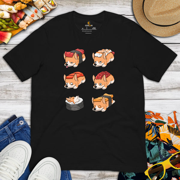 Welsh Corgi Dog Themed Clothes & Attire - Gifts for Dog Moms, Dads & Lovers - Funny Canine Tee Shirts For Humans - Cute Sushi T-Shirt - Black