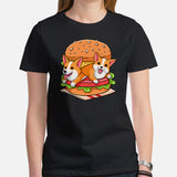 Welsh Corgi Dog Themed Clothes & Attire - Gifts for Fast Food & Dog Lovers - Funny Canine Tee Shirts For Humans - Cute Burger T-Shirt - Black, Women