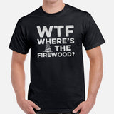 Wilderness Adventure Awaits: WTF Where's The Firewood T-Shirt - Campfire & Happy Camper Shirt - Camping Crew Tee for Glamping Lovers - Black, Men