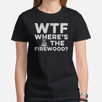 Wilderness Adventure Awaits: WTF Where's The Firewood T-Shirt - Campfire & Happy Camper Shirt - Camping Crew Tee for Glamping Lovers - Black, Women