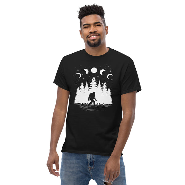 Yeti, Sasquatch & Moon Phases Astronomy Adventure Tee for Camping & Outdoor Fun - Bigfoot Walking In The Pine Forest Squatchy Shirt - Black