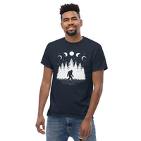 Yeti, Sasquatch & Moon Phases Astronomy Adventure Tee for Camping & Outdoor Fun - Bigfoot Walking In The Pine Forest Squatchy Shirt - Navy