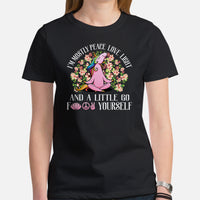 Yoga, Pilates Shirts, Wear, Clothes, Outfits & Apparel - Gifts for Yoga & Unicorn Lovers, Teacher - I'm Mostly Peace Love Light Tee - Black, Women