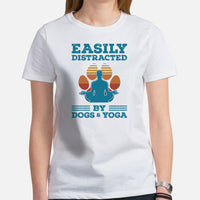 Yoga & Pilates Shirts, Wear, Clothes, Outfits, Attire & Apparel - Gifts for Yoga Lovers, Teacher - Easily Distracted By Dogs & Yoga Tee - White, Women