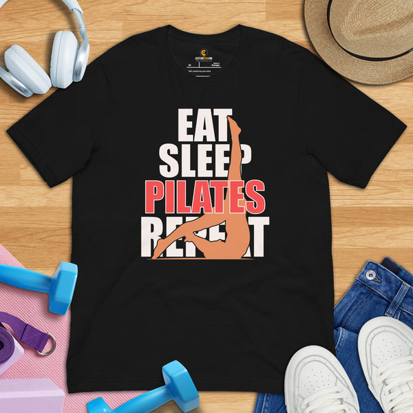 Yoga & Pilates Shirts, Wear, Clothes, Outfits, Attire & Apparel - Gifts for Yoga Lovers, Teacher - Funny Eat Sleep Pilates Repeat Tee - Black