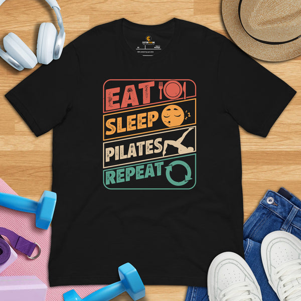 Yoga & Pilates Shirts, Wear, Clothes, Outfits, Attire & Apparel - Gifts for Yoga Lovers, Teacher - Retro Eat Sleep Pilates Repeat Tee - Black