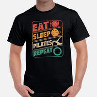 Yoga & Pilates Shirts, Wear, Clothes, Outfits, Attire & Apparel - Gifts for Yoga Lovers, Teacher - Retro Eat Sleep Pilates Repeat Tee - Black, Men