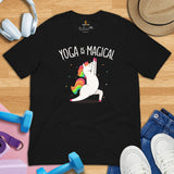 Yoga & Pilates Shirts, Wear, Clothes, Outfits, Attire & Apparel - Gifts for Yoga Lovers, Teacher - Yoga Is Magical Adorable Unicorn Tee - Black