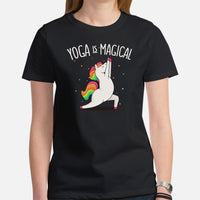 Yoga & Pilates Shirts, Wear, Clothes, Outfits, Attire & Apparel - Gifts for Yoga Lovers, Teacher - Yoga Is Magical Adorable Unicorn Tee - Black, Women