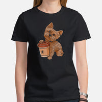 Yorkie Dog Themed Clothes & Attire - Funny Canine Tee Shirts For Humans - Gifts for Dog Lovers - Cute Yorkie Holding A Coffee Mug Shirt - Black, Women