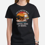 Yorkie Dog Themed Clothes - Funny Canine Tee Shirts For Humans - Gifts for Dog Lovers - Life Is Better With Dogs, Books & Coffee Shirt - Black, Women